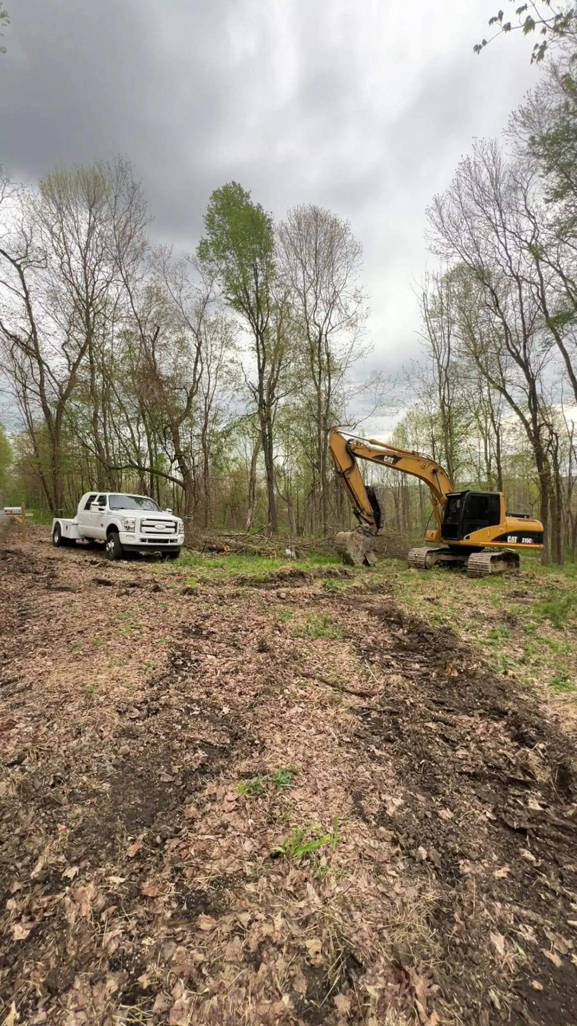 Truck and CAT excavator clearing trees from a Western PA property by Poole Dirt Work